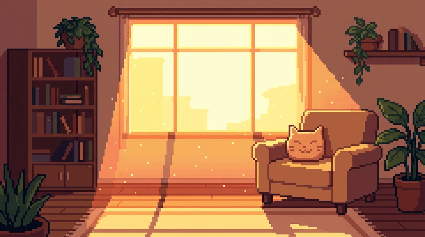This video presents a calm and peaceful indoor setting, bathed in the warm glow of a sunset. The overall mood is serene and comfortable, with a static activity level. The visual style is pixel art, reminiscent of retro video games, giving it an artistic and nostalgic aesthetic. The room features a bookshelf filled with books, various potted plants, and a comfortable-looking armchair with a cute cat-face pillow. Sunlight streams through a large window, creating bright, warm-toned light patterns on the wooden floor. The color palette is dominated by oranges, yellows, and browns, with touches of green from the plants, creating a high-saturation, inviting atmosphere.