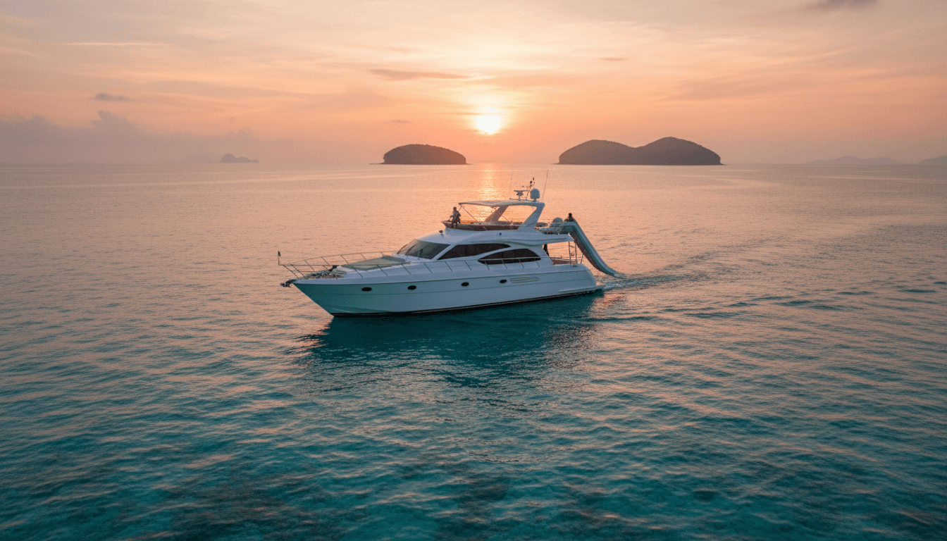 The video captures a serene and luxurious outdoor scene on the open water. A large, white motor yacht with a water slide is the central subject, moving slowly across calm, clear turquoise waters. The overall mood is peaceful and relaxing, set against a stunning sunset with warm, soft orange and pink hues dominating the sky and reflecting on the water's surface. Distant islands or landmasses are visible on the horizon, adding to the idyllic setting. The visual style is realistic and high-quality, emphasizing the beauty of nature and the elegance of the boat. The color palette features a striking contrast between the cool blues and greens of the water and the warm, golden tones of the sunset.