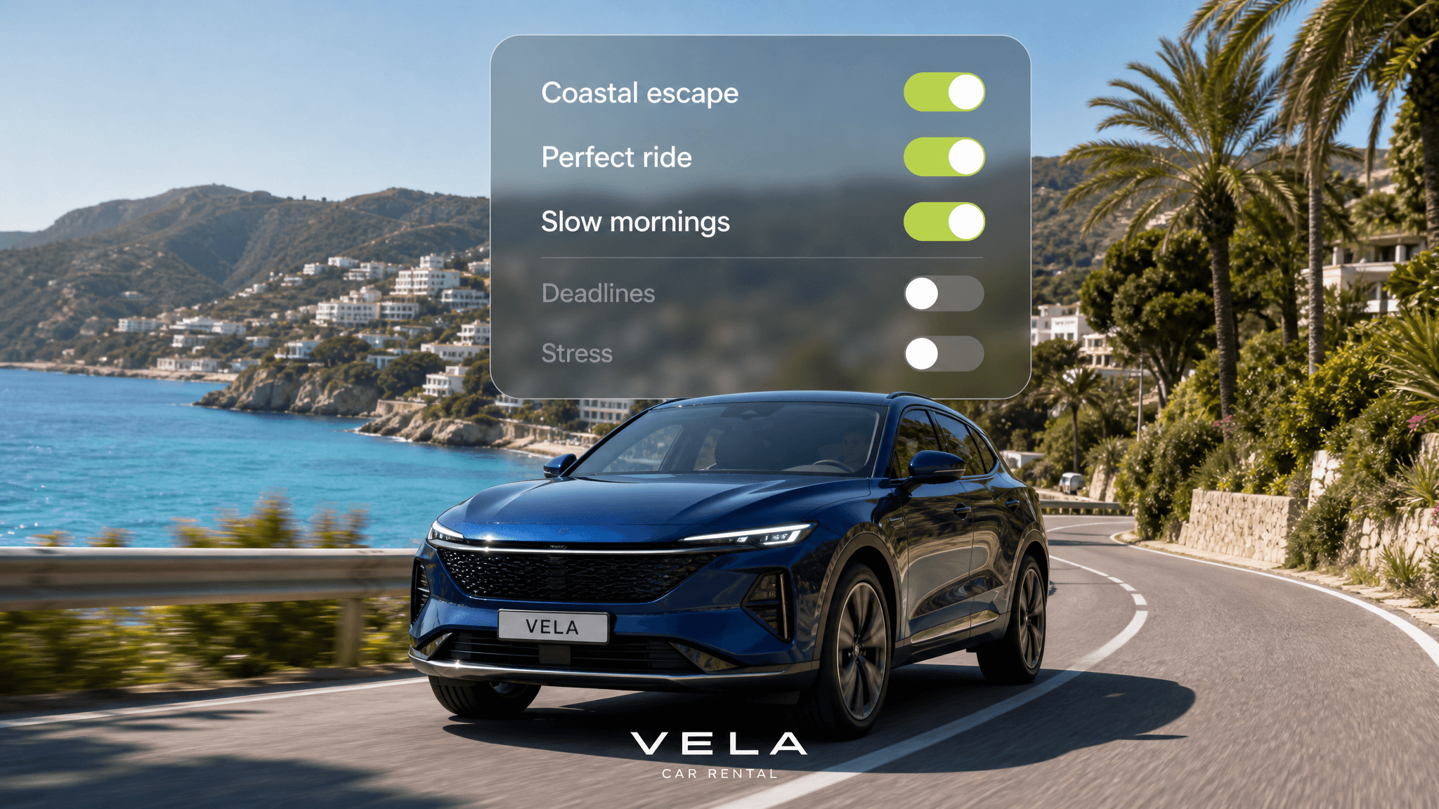 This video presents a bright, energetic, and peaceful outdoor scene featuring a dark blue VELA car driving along a scenic coastal road. The setting is a sunny day with a clear blue sky, overlooking a vibrant turquoise sea with white buildings nestled on green hillsides. Palm trees line the winding road, suggesting a warm, Mediterranean-like environment. The car is in motion, indicating a dynamic activity level, with a modern and realistic visual style. An overlay of a user interface shows toggle switches for "Coastal escape," "Perfect ride," and "Slow mornings" enabled, while "Deadlines" and "Stress" are disabled, conveying a sense of relaxation and freedom. The overall mood is aspirational and serene, with a cool color palette dominated by blues and greens, accented by the car's rich blue and the light green toggles.