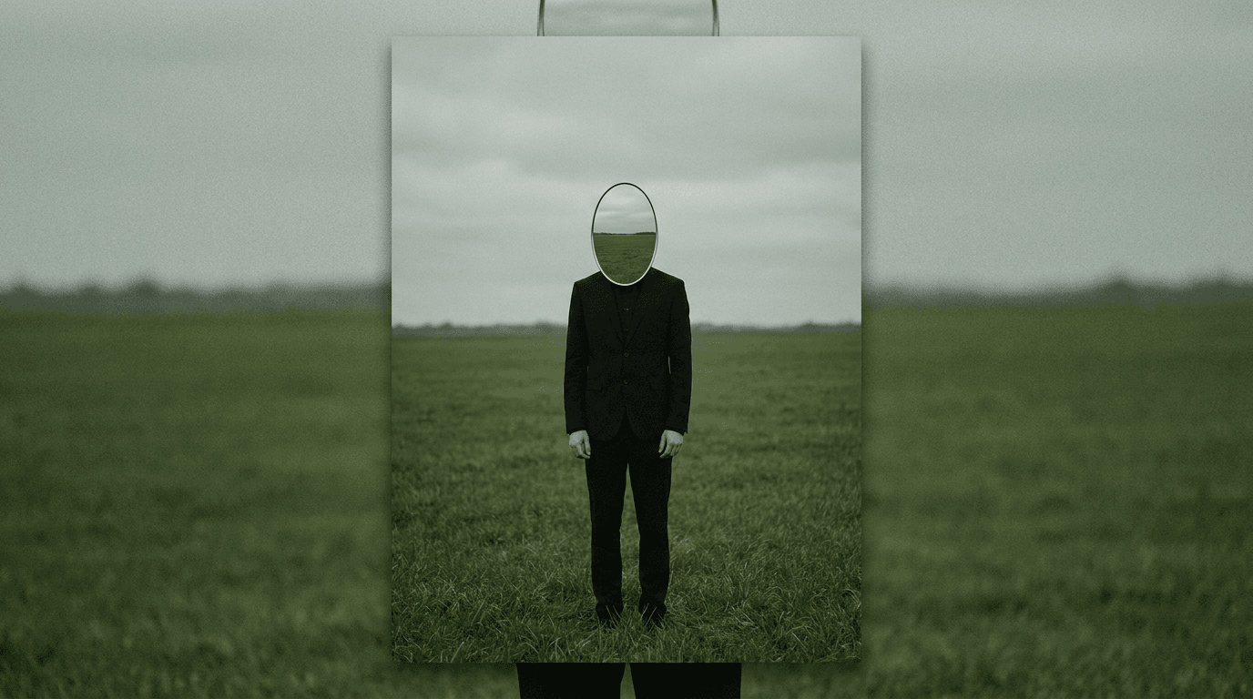 This video presents a mysterious and surreal atmosphere, set in a vast, open outdoor environment of a green field under an overcast sky. The overall mood is calm yet enigmatic, with a static and contemplative activity level. The visual style is realistic but with an artistic, conceptual twist, evoking a dramatic or introspective emotional tone. The central subject is a person, likely a man, dressed in a dark suit, standing alone in the field. Notably, the person's head is replaced by an oval-shaped mirror reflecting the surrounding green field, creating a striking visual element. The artistic style leans towards contemporary surrealism or conceptual photography. The color characteristics are cool and muted, dominated by shades of grey and deep greens, with a limited color palette focusing on desaturated greens, greys, and black.