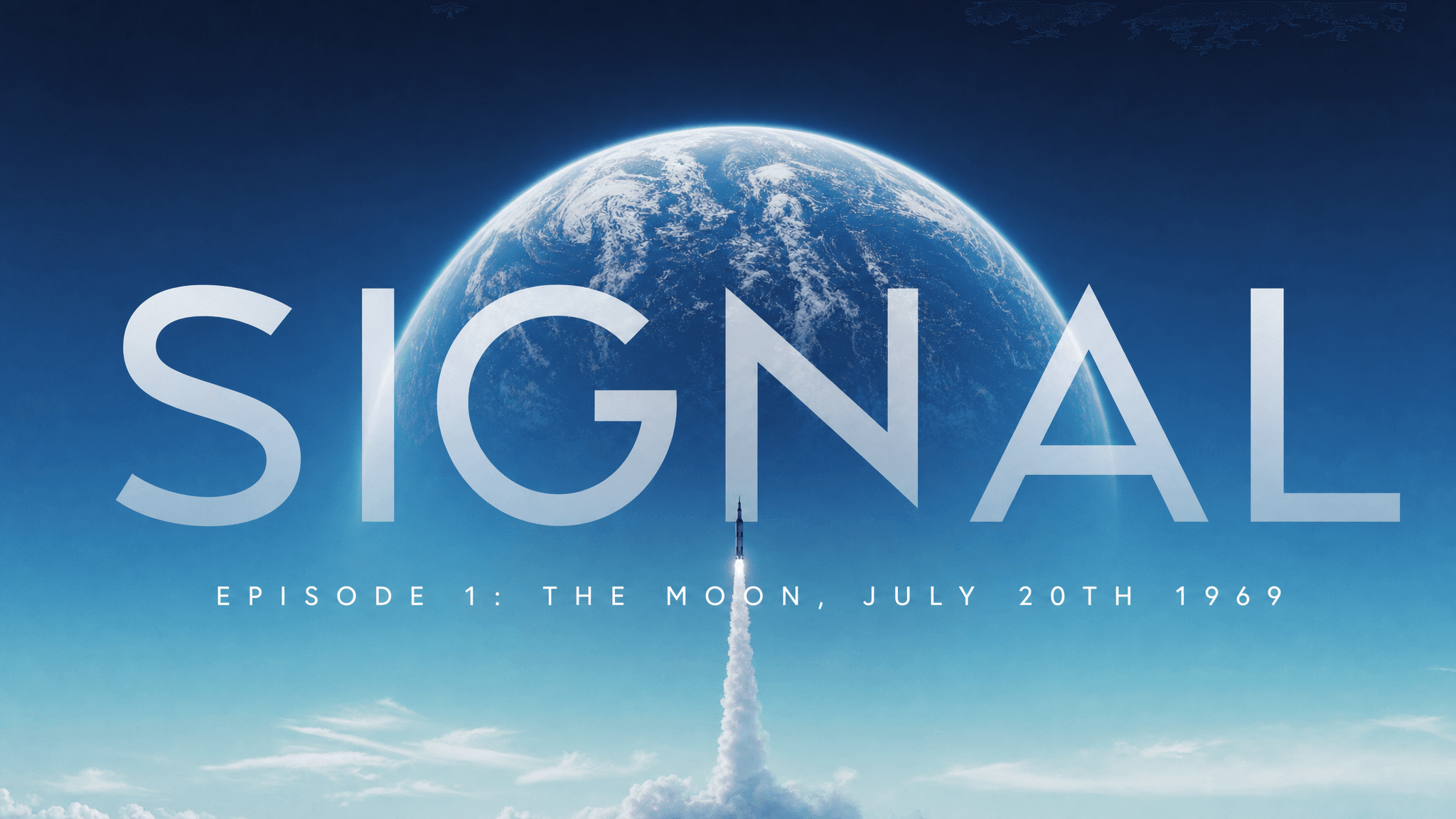 This video presents a title card for a documentary or series, evoking a sense of historical significance and scientific achievement. The overall mood is epic and inspiring, with a bright and clear atmosphere. The setting transitions from Earth's atmosphere to outer space, featuring a prominent view of the blue and white planet Earth. A rocket launch, depicted with a powerful plume of smoke, suggests dynamic movement and a pivotal event. The visual style is realistic and modern, with a clean and impactful aesthetic. The emotional tone is one of wonder, ambition, and perhaps nostalgia for a momentous historical event. The main subjects are the Earth, a launching rocket, and the bold title "SIGNAL" with a subtitle referencing "The Moon, July 20th 1969." The artistic style is photorealistic with elements of graphic design for the text. The color characteristics are cool tones dominated by shades of blue and white, with high saturation, creating a vibrant and expansive feel. The color palette primarily consists of deep blues, sky blues, and bright whites.