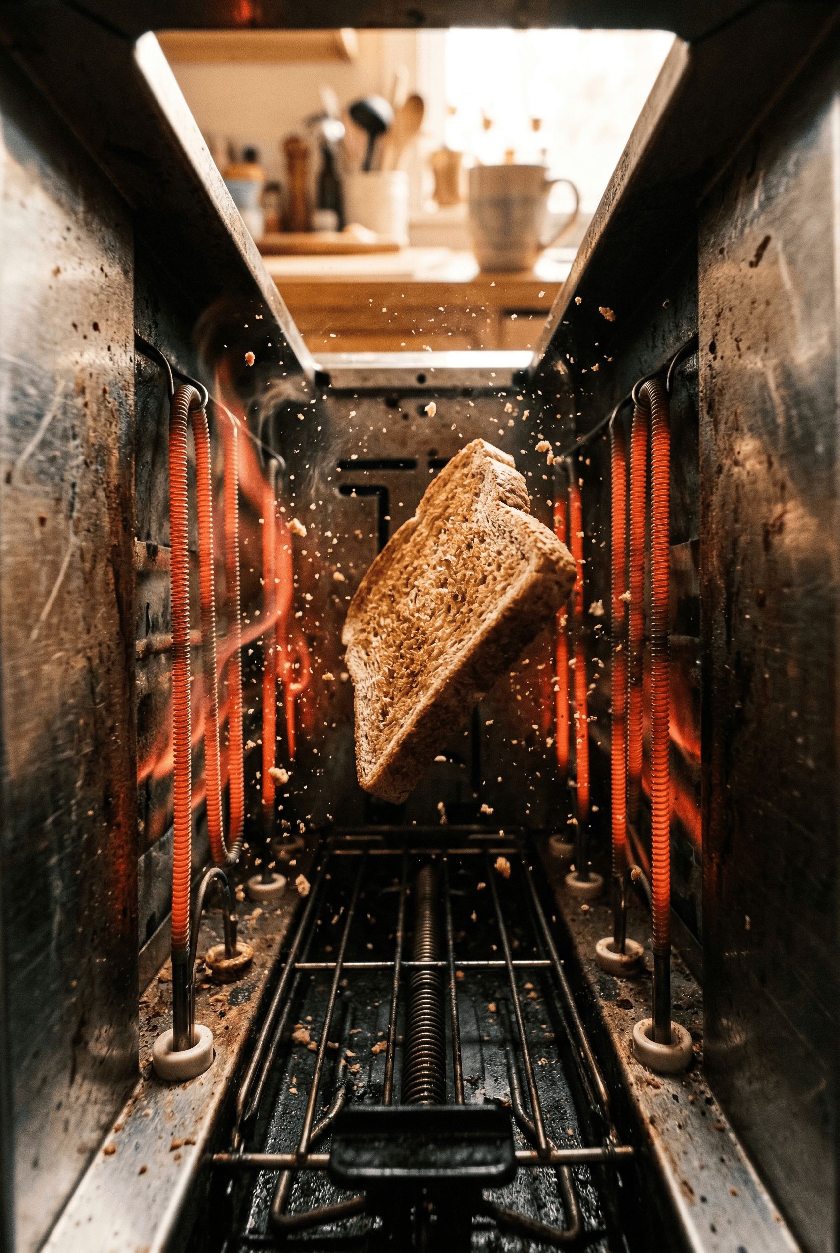 This video captures a dynamic and energetic moment inside a toaster. The mood is lively and slightly dramatic due to the motion and glowing elements. The setting is an indoor kitchen, visible in the soft-focus background, suggesting a cozy home environment. The activity level is high, with a slice of bread actively popping up, surrounded by flying crumbs, creating a sense of rapid movement. The visual style is realistic and highly detailed, emphasizing the texture of the bread and the metallic interior of the toaster. The emotional tone is one of anticipation and a familiar everyday occurrence made exciting. The main subject is a slice of whole wheat toast, accompanied by glowing orange heating elements and numerous bread crumbs. The artistic style is photorealistic with a focus on depth of field. The color characteristics feature warm tones from the glowing elements, contrasted with the cooler, metallic grays of the toaster, and the golden-brown of the toast. The color palette is primarily orange and grey with hints of brown and white.