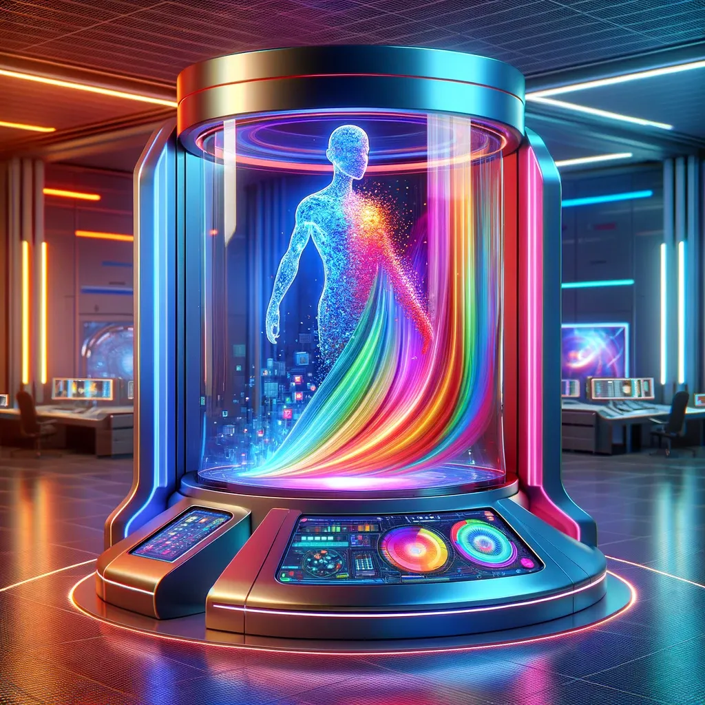 A futuristic scene in rainbow colors as a human shape is created, representing alternatives to character AI