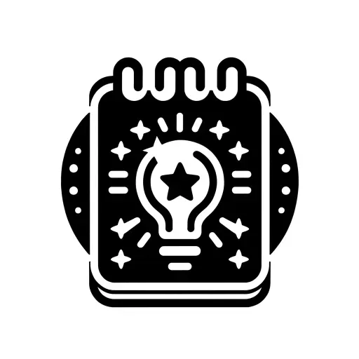 Design a black and white icon that symbolizes 'Top Tips to Remember'. It should feature an emblematic image of a notebook with a prominent star or light bulb on it, signifying valuable advice or suggestions. This icon is intended for use across various platforms such as websites, apps, and presentations to denote essential tips or recommendations.