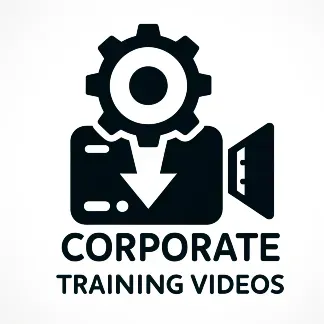 Design a black and white icon that represents 'Corporate Training Videos'. The icon should include a video camera with a gear symbol overlay, symbolizing the creation of educational and training content in a corporate setting. This design aims to convey the concept of professional development and learning through video format, suitable for use in corporate training materials, websites, and applications to denote sections or resources dedicated to training videos.
