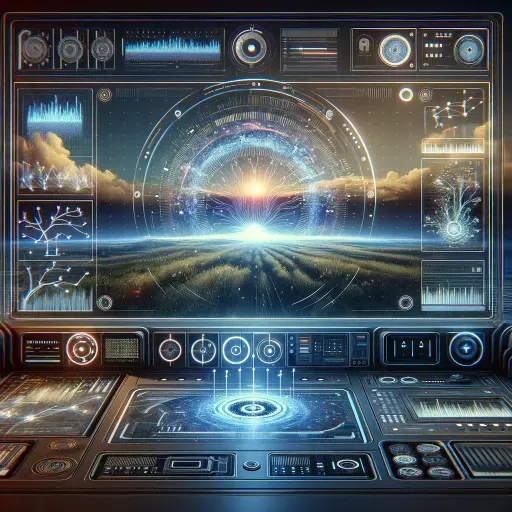 An illustration depicting an AI video generation tool. This image should feature a futuristic interface with a large, central screen displaying a digital landscape being created in real-time. Surrounding the screen are various control panels and buttons with digital readouts and sliders, suggesting the ability to manipulate and generate video content. The background is filled with binary code and neural network patterns to symbolize the AI's processing power. The overall atmosphere should convey a sense of advanced technology and innovation.