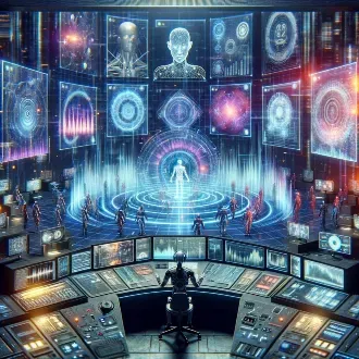Visualize the concept of AI-generated sound effects in a video game environment. The scene shows a futuristic control room filled with screens and holographic displays. On these displays, various sound waves and digital audio spectrums are visible, representing different sound effects being synthesized by AI. In the center, a virtual assistant or AI entity is manipulating these sound waves, tweaking and refining them for optimal in-game audio performance. The ambiance is teeming with visual cues of digital processing and AI algorithms at work, such as floating code snippets and neural network patterns in the background, symbolizing the advanced technology used to create these sound effects.