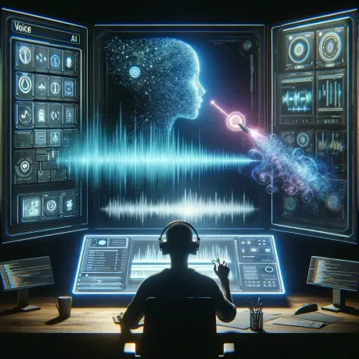 A futuristic game development studio, illuminated by the soft glow of computer screens displaying advanced AI voice synthesis software. In the center, a game developer manipulates a digital interface, selecting voice characteristics from a virtual palette that includes tone, pitch, and emotion. The background shows a dynamic, digital waveform representing the AI-generated voice of a game character, with lines of code scrolling alongside. This cutting-edge environment showcases the shift from traditional voice acting to the use of AI tools for creating diverse and expressive character voices in video games.
