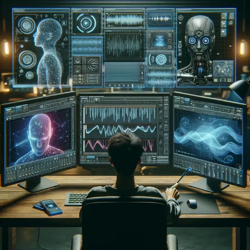 An advanced workstation with multiple monitors displaying sound waveforms and AI algorithms at work. In the foreground, a developer is interacting with a futuristic interface, dragging and dropping sound elements into a timeline. The environment suggests a blend of creativity and technology, with hints of machine learning and artificial intelligence seamlessly integrated into the sound design process. The setting is a modern, tech-driven studio, illuminated by soft, ambient lighting, creating an atmosphere of innovation and digital artistry.