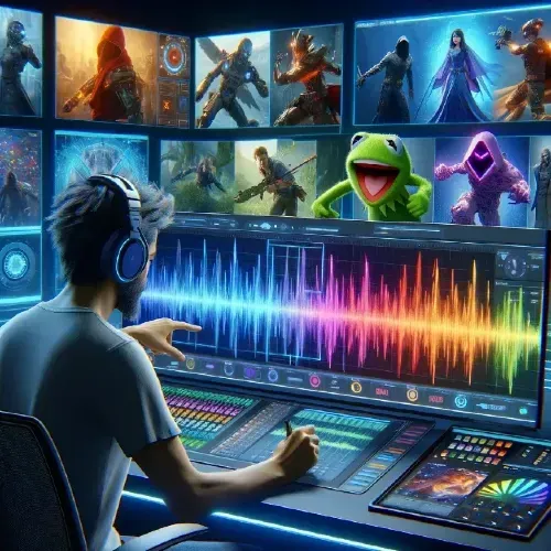 A digital artist is crafting character voices in a futuristic studio, surrounded by screens displaying various game characters and speech waveforms. The artist is using a sophisticated AI interface to tweak voice parameters such as pitch, tone, and emotion, visualized through colorful, dynamic graphics on the screens. This high-tech environment embodies the blend of creativity and technology in modern game development, showcasing the process of bringing video game characters to life with unique and expressive voices.