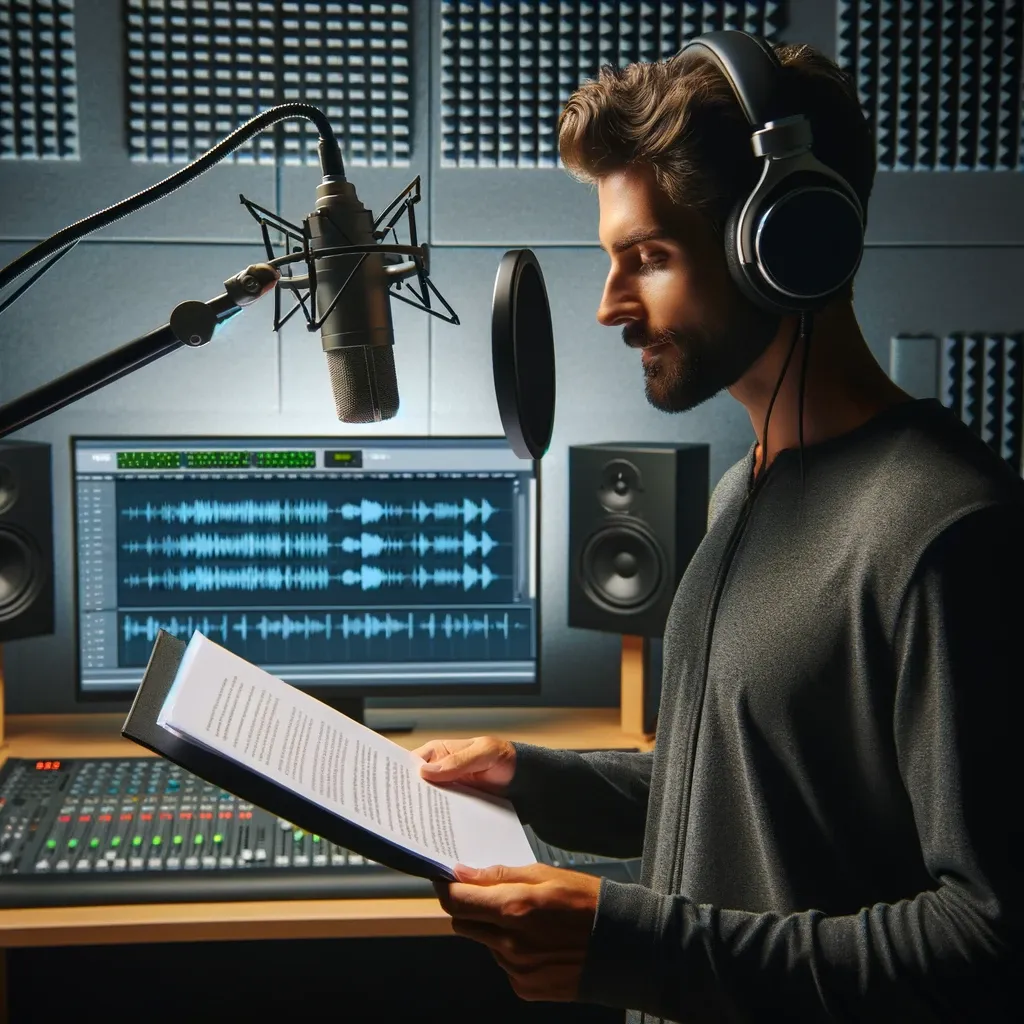 A voice actor performing in a studio