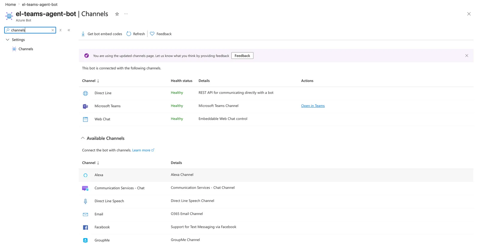 정상 상태로 표시된 Microsoft Teams 채널이 나열된 Azure Bot 채널 블레이드