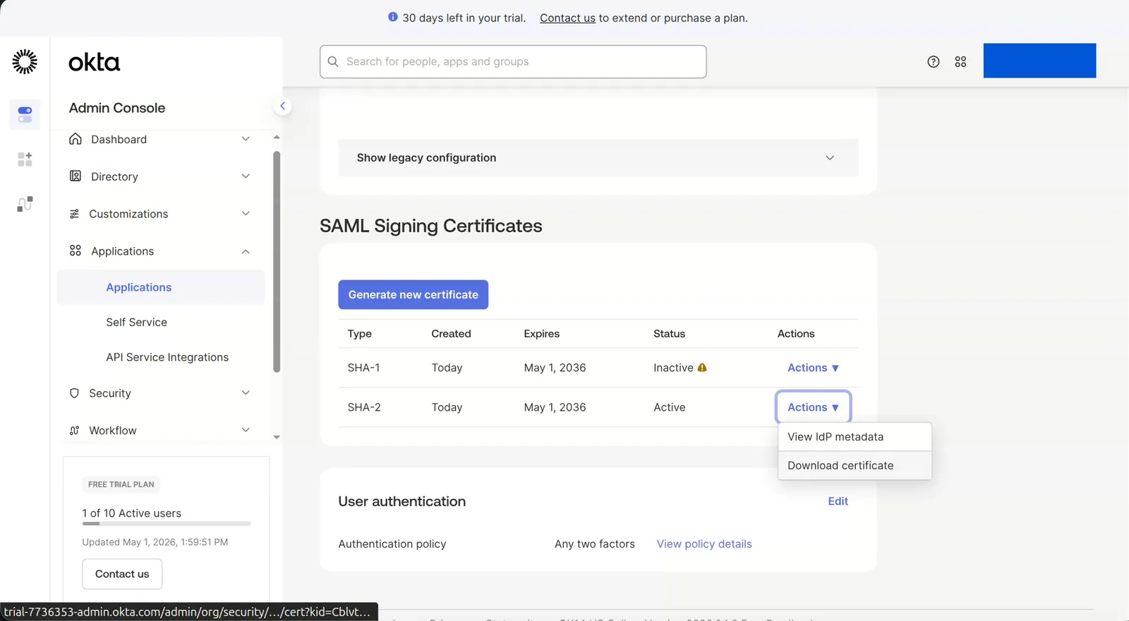 Okta SAML Signing Certificates의 인증서 다운로드 작업