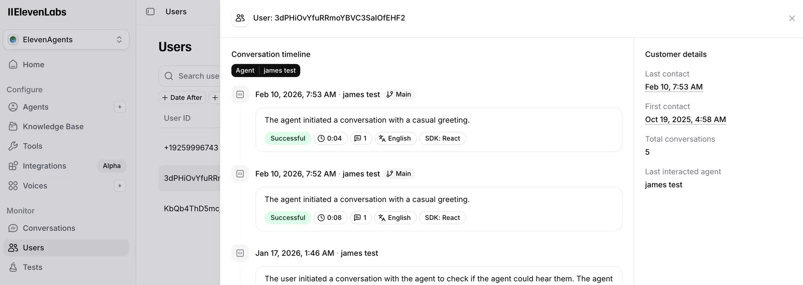 Users page showing the user list and a selected user's
conversations