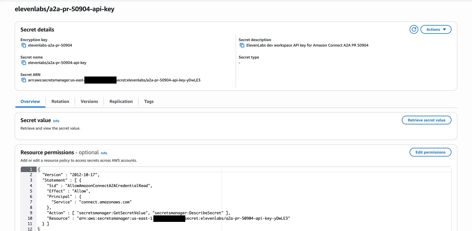 고객 관리형 키로 암호화된 Secrets Manager 시크릿 및 connect.amazonaws.com용 리소스 정책