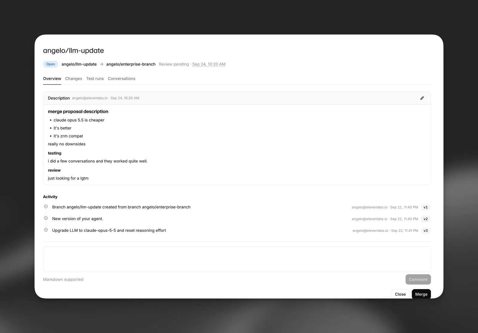 Onglet Overview d’une proposition de fusion