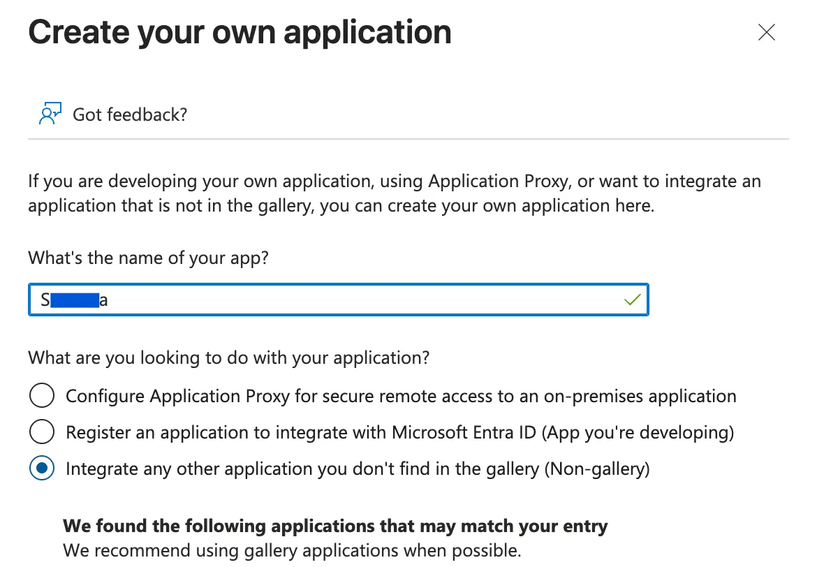 비갤러리 앱이 표시된 Microsoft Entra 자체 애플리케이션 만들기 패널