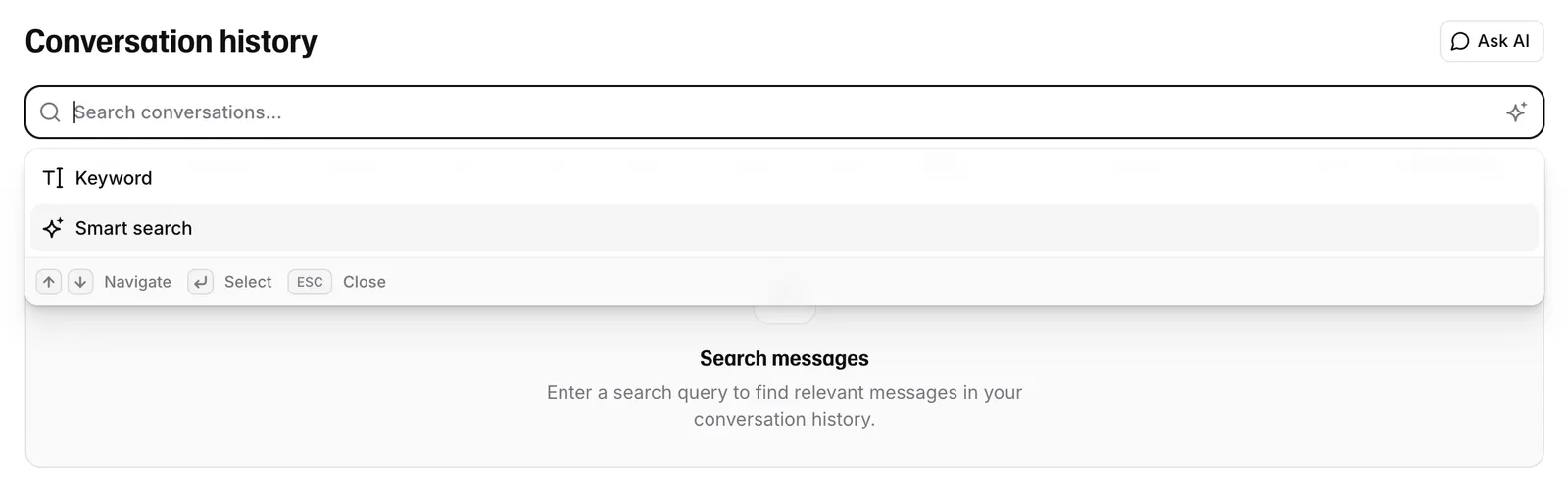 Conversation history search field with the search mode menu
open