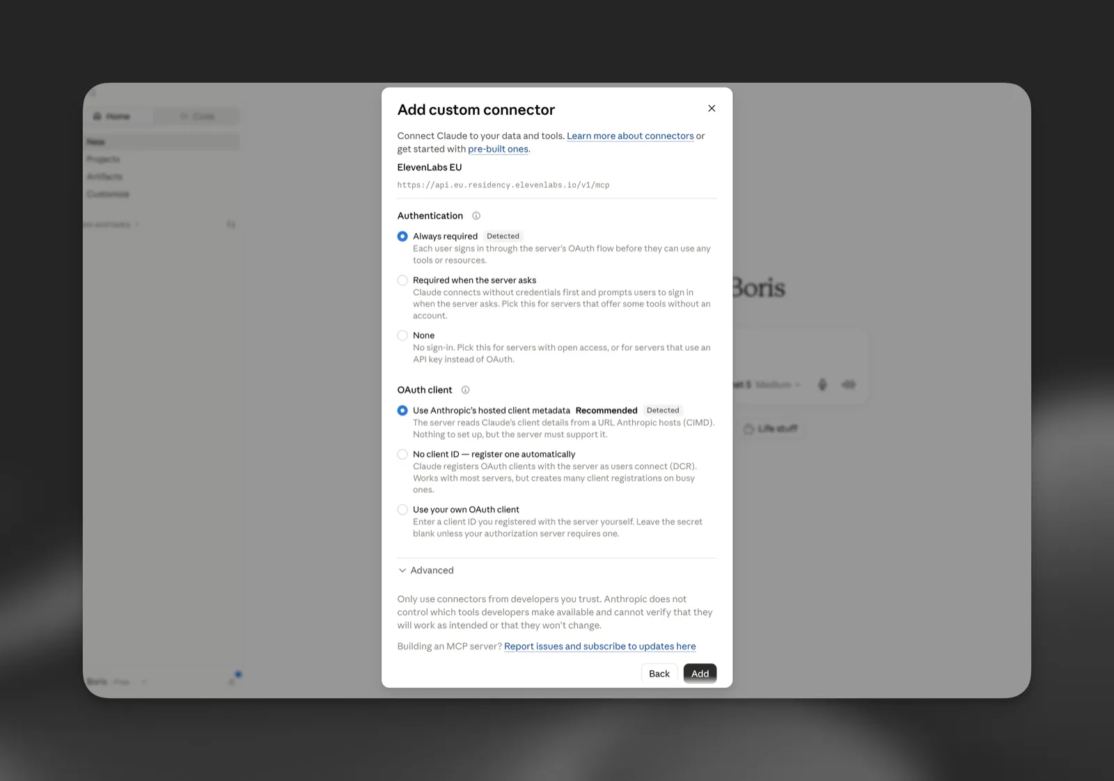 The connector authentication settings with Always required and hosted client metadata detected