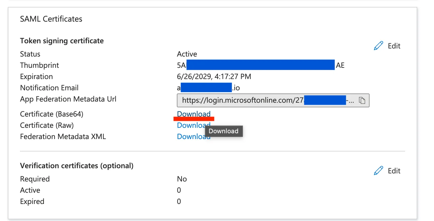 인증서 Base64 다운로드가 표시된 Microsoft Entra SAML 인증서