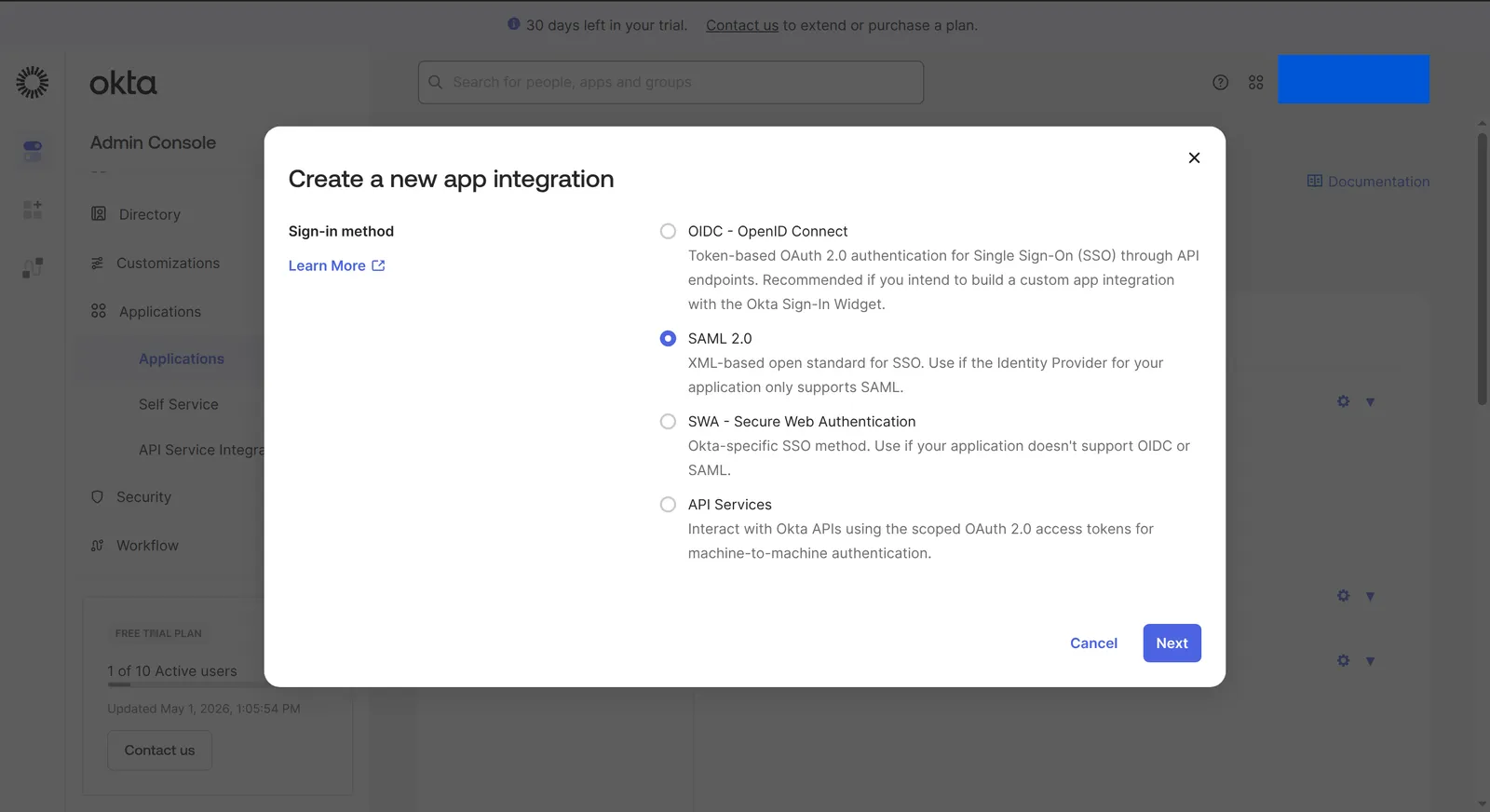 SAML 2.0이 선택된 Okta 새 앱 통합 만들기 대화상자