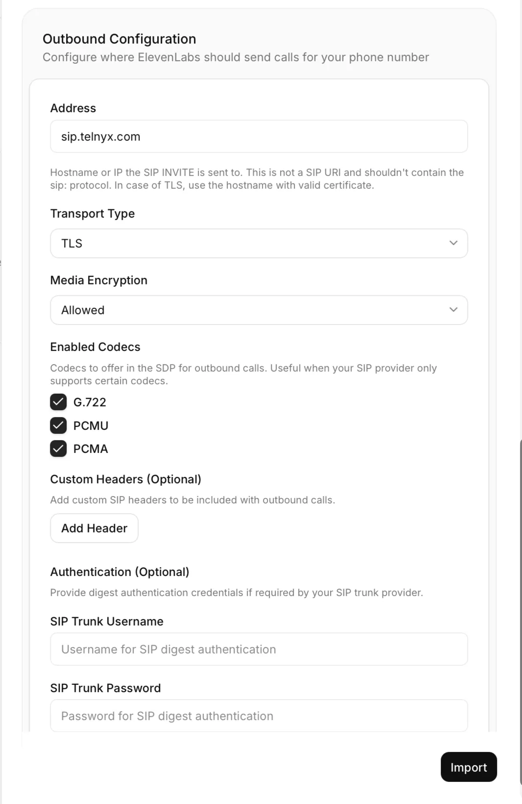 Outbound configuration settings, including address, transport type, media encryption, enabled codecs, custom headers, and authentication