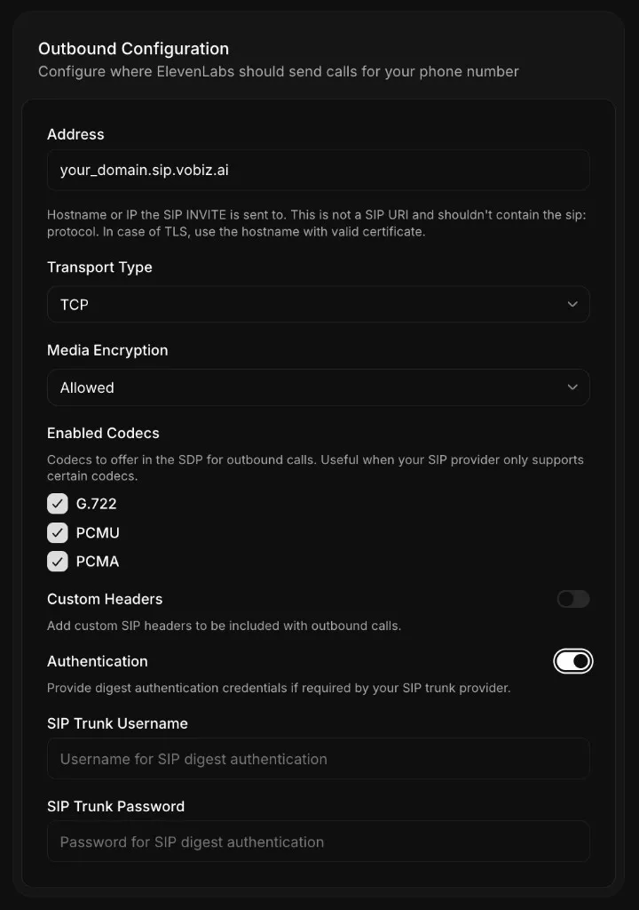 Outbound Configuration section with Vobiz SIP trunk address, TCP transport, and authentication
fields