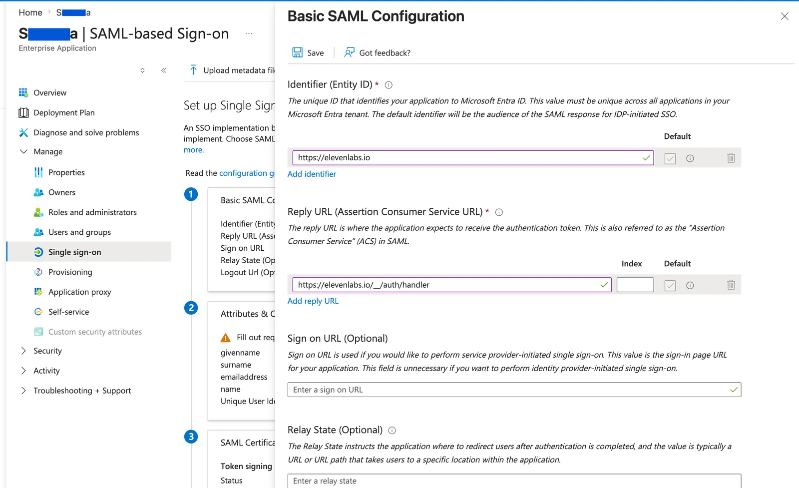 식별자와 회신 URL이 표시된 Microsoft Entra 기본 SAML 구성