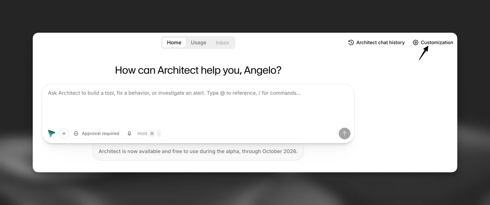 Architect 탭의 사용자 지정
