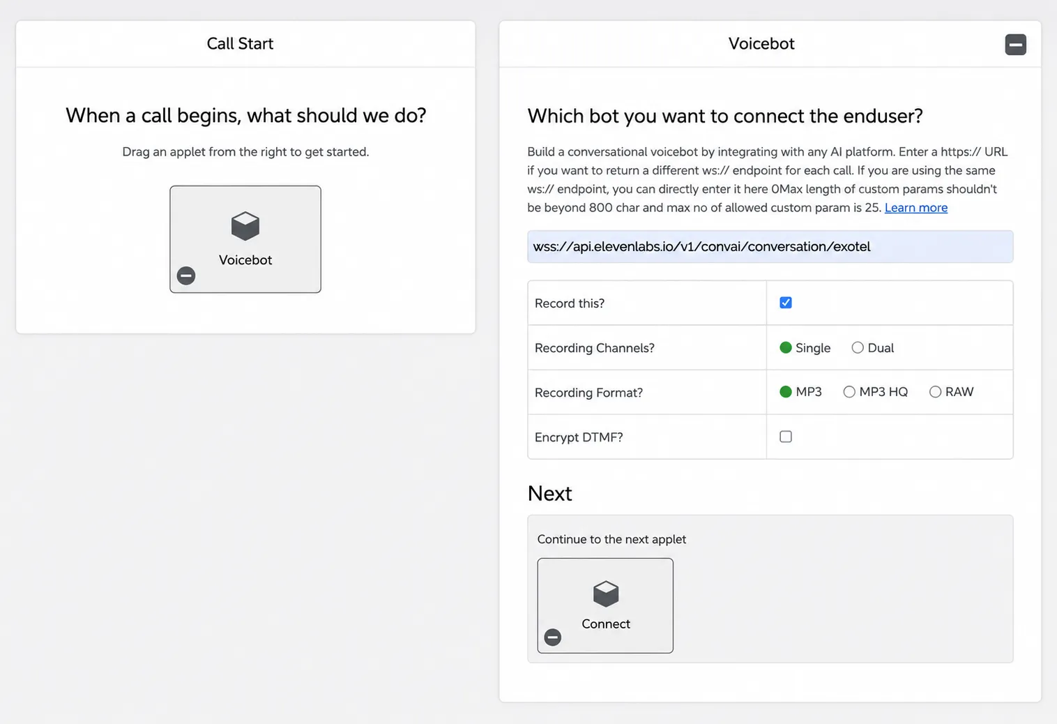 ElevenLabs WebSocket
URL로 구성된 Voicebot 애플릿