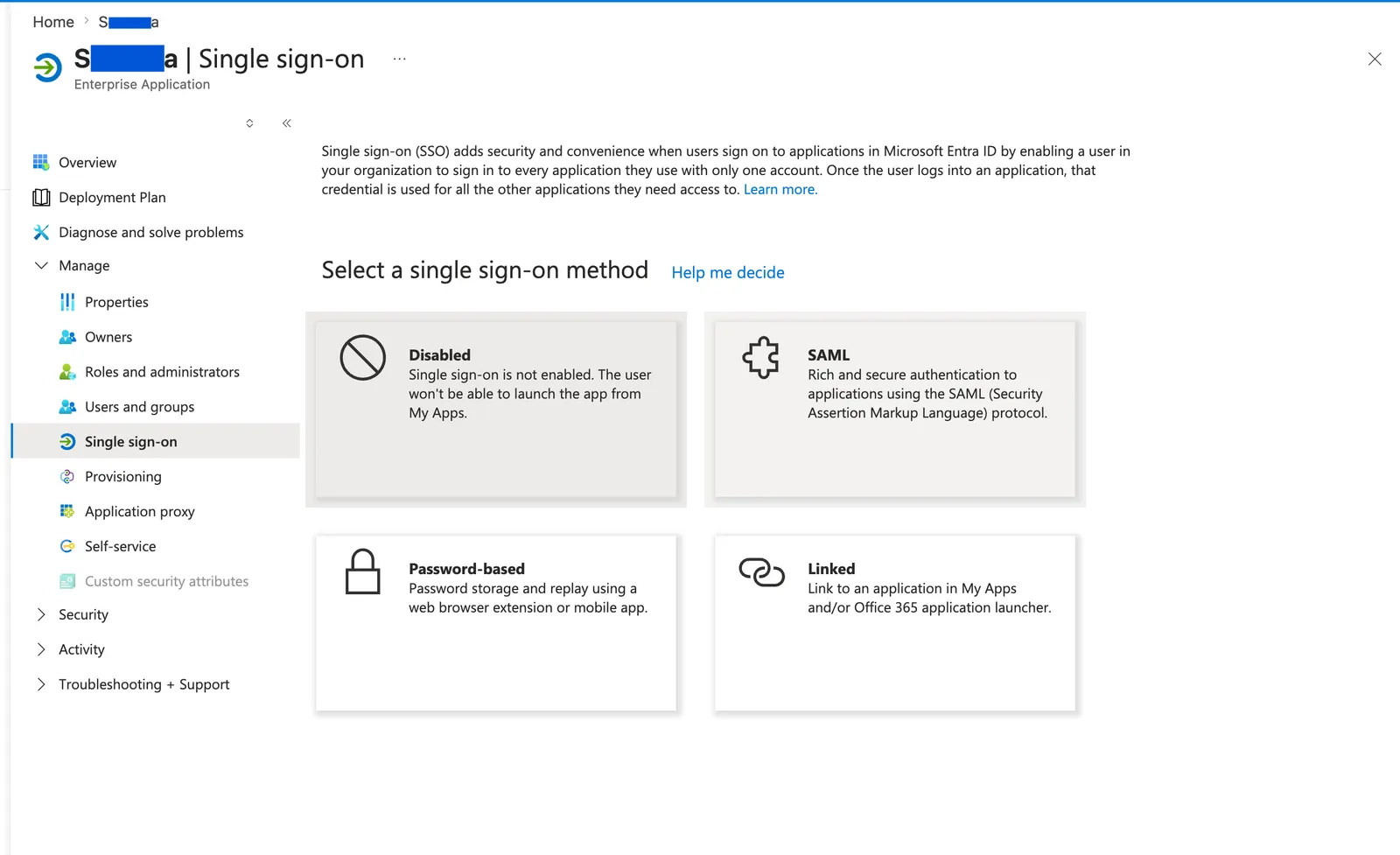 SAML이 표시된 Microsoft Entra 싱글 사인온 방법 선택