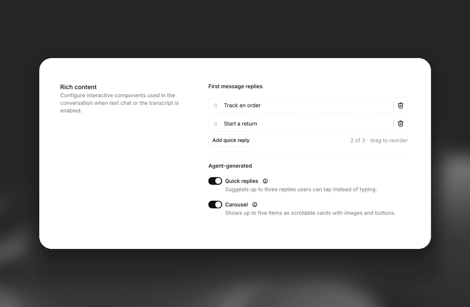 Widget rich content settings