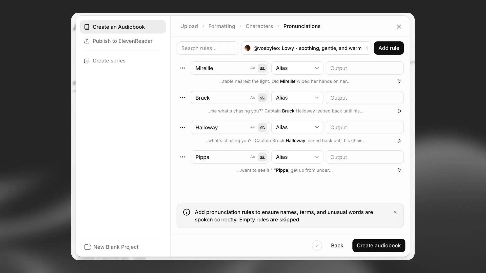 Editor delle pronunce per audiolibri