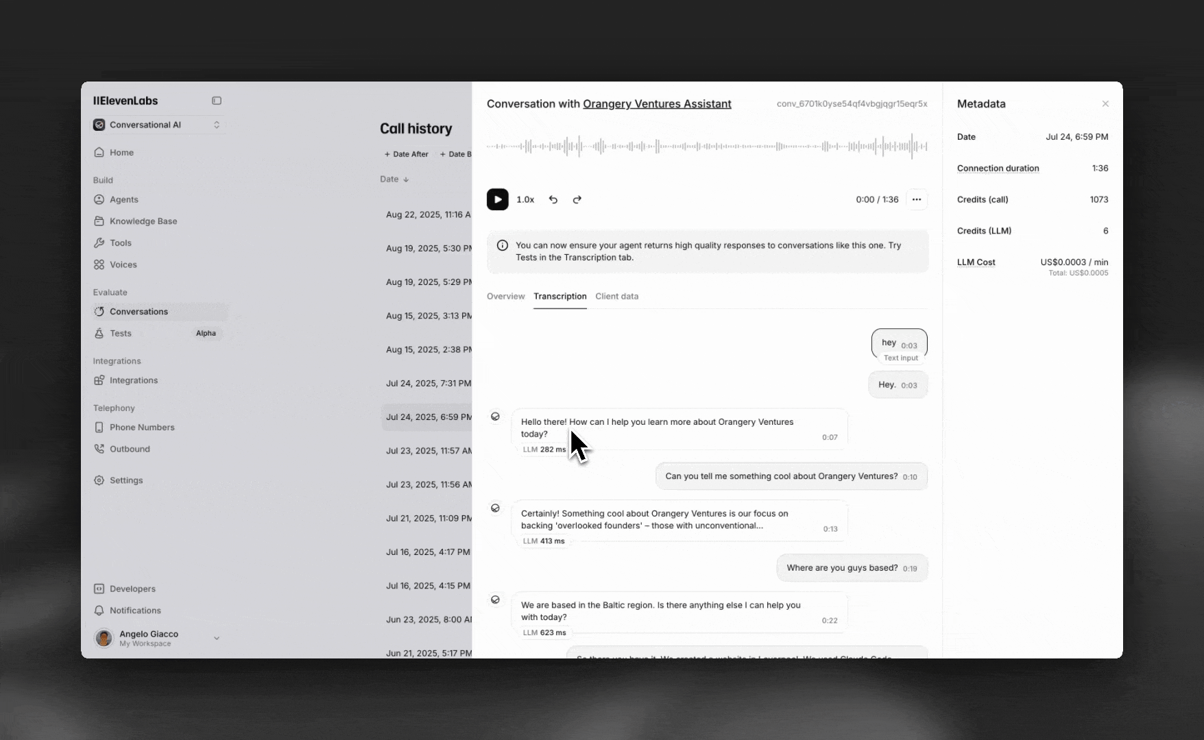 Creazione di un test da una conversazione