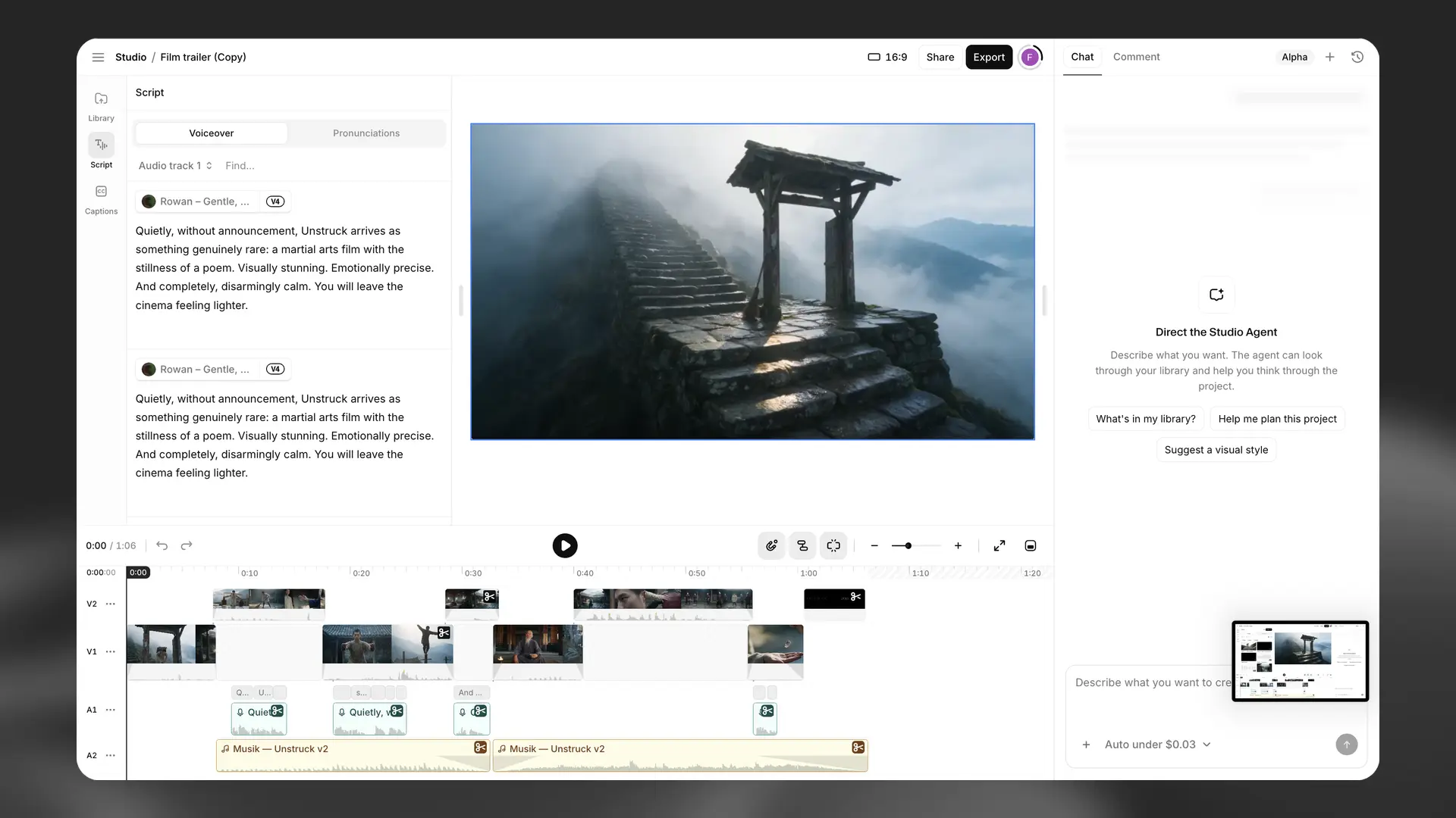 Pannello Script nell'editor di progetti video Studio