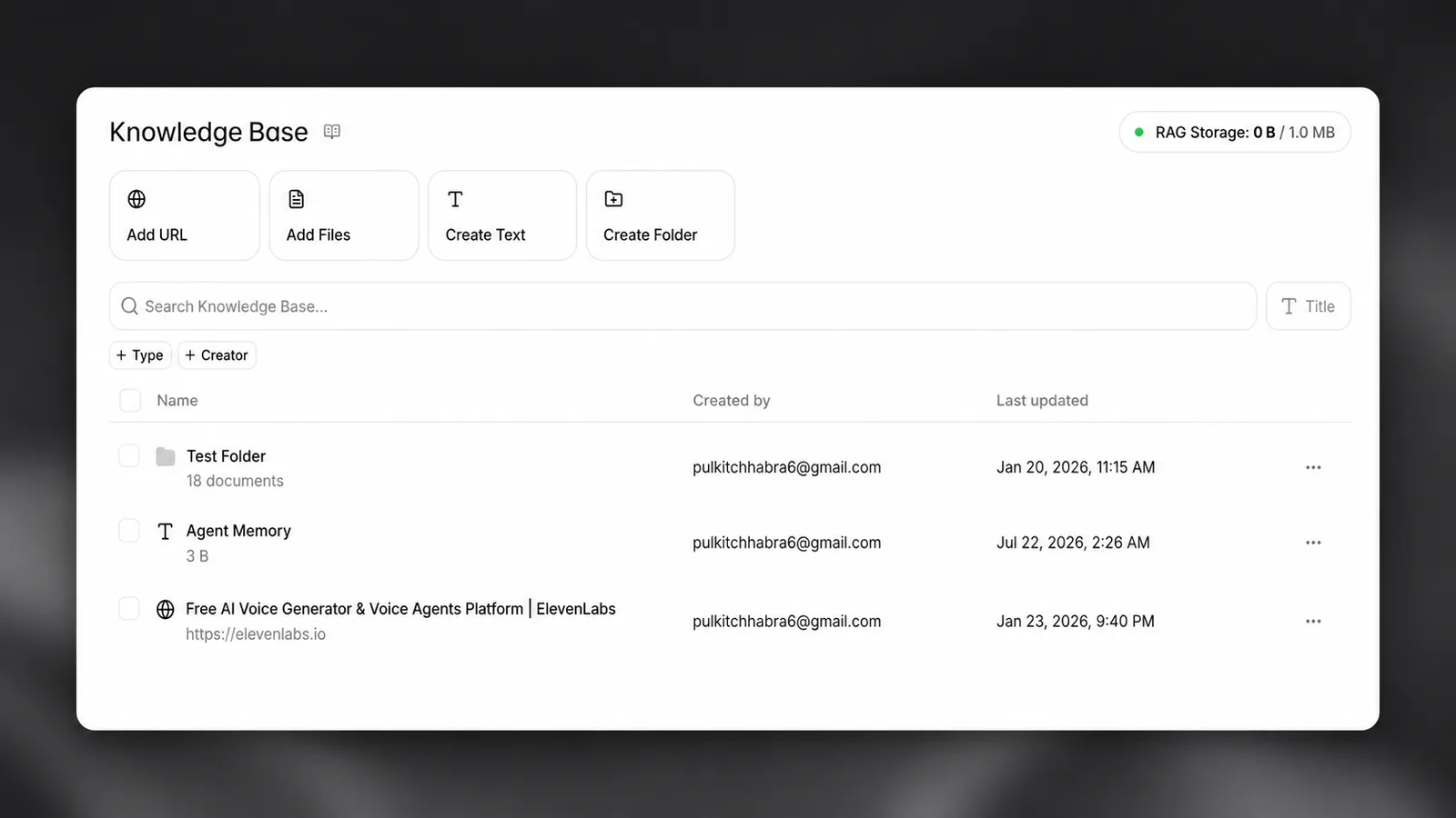 Interfaccia principale della knowledge base che mostra un elenco di
documenti