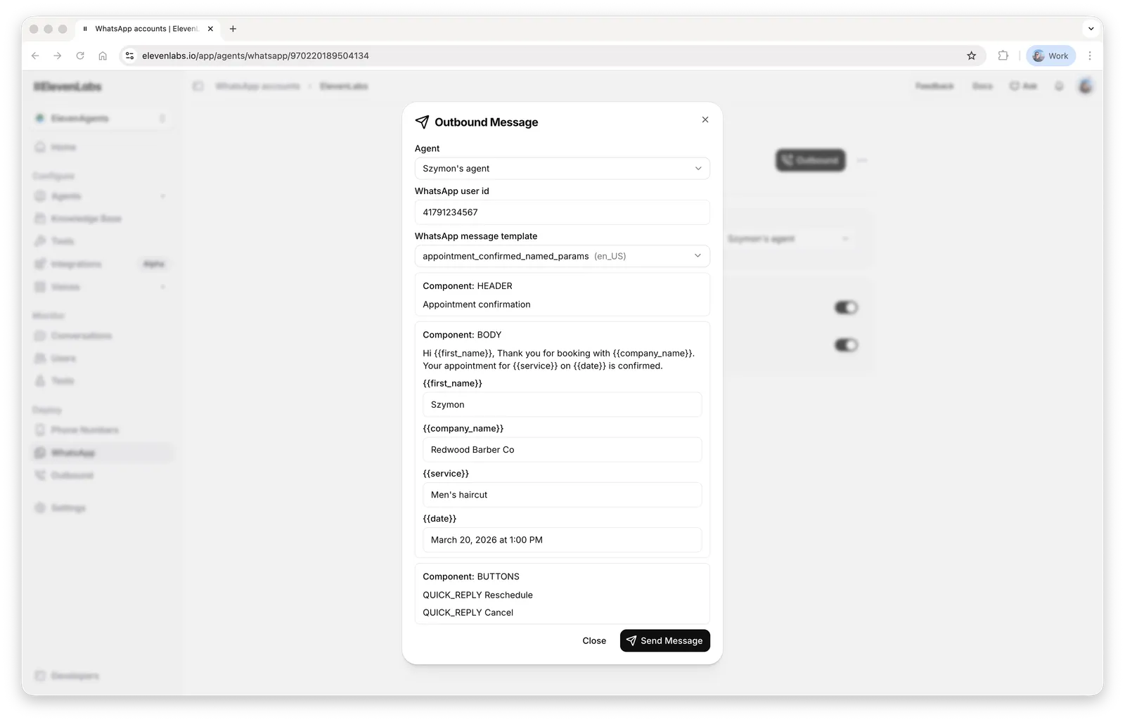 Finestra di dialogo per messaggio WhatsApp in uscita