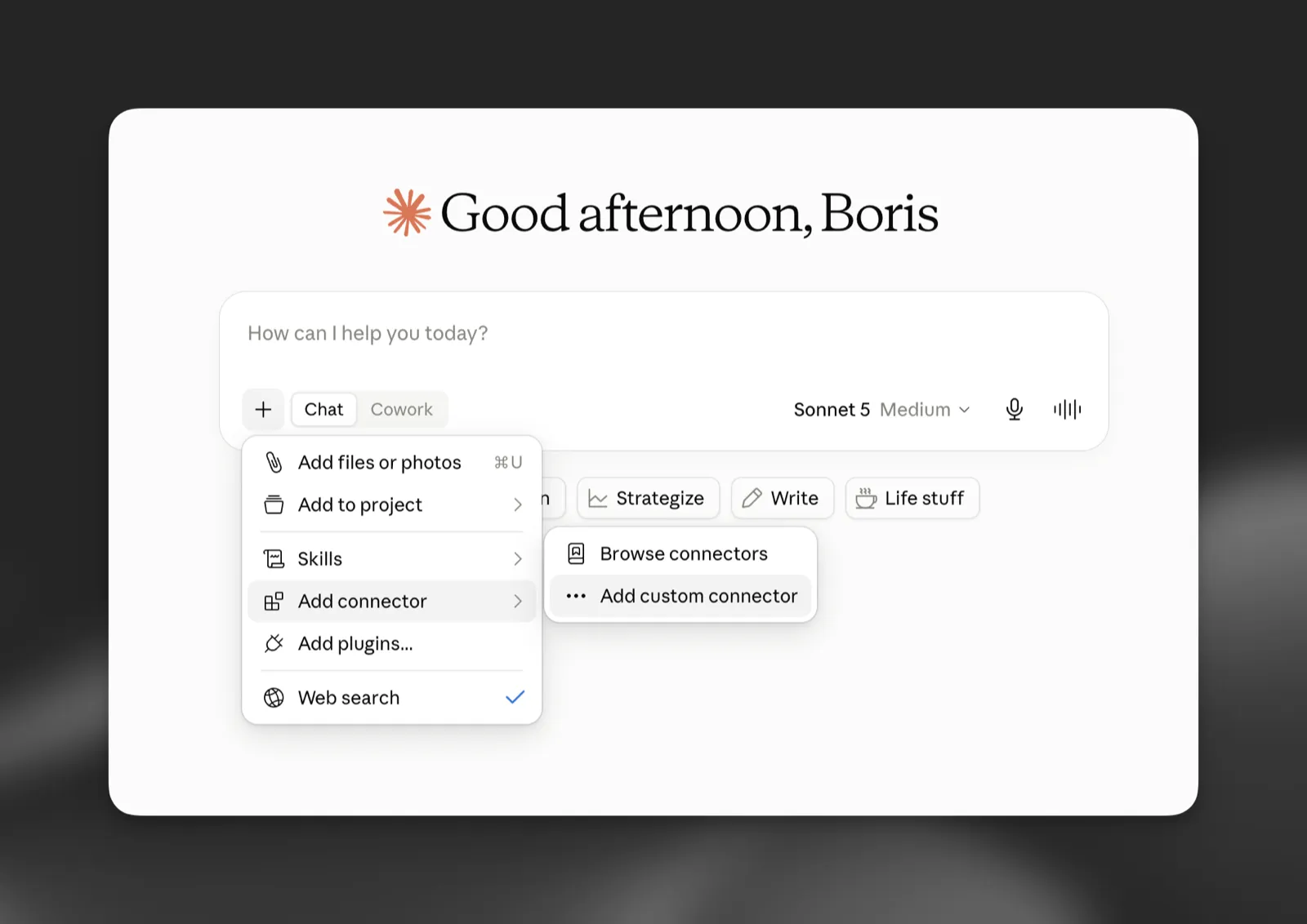 The Claude chat input menu with Add connector and Add custom connector highlighted