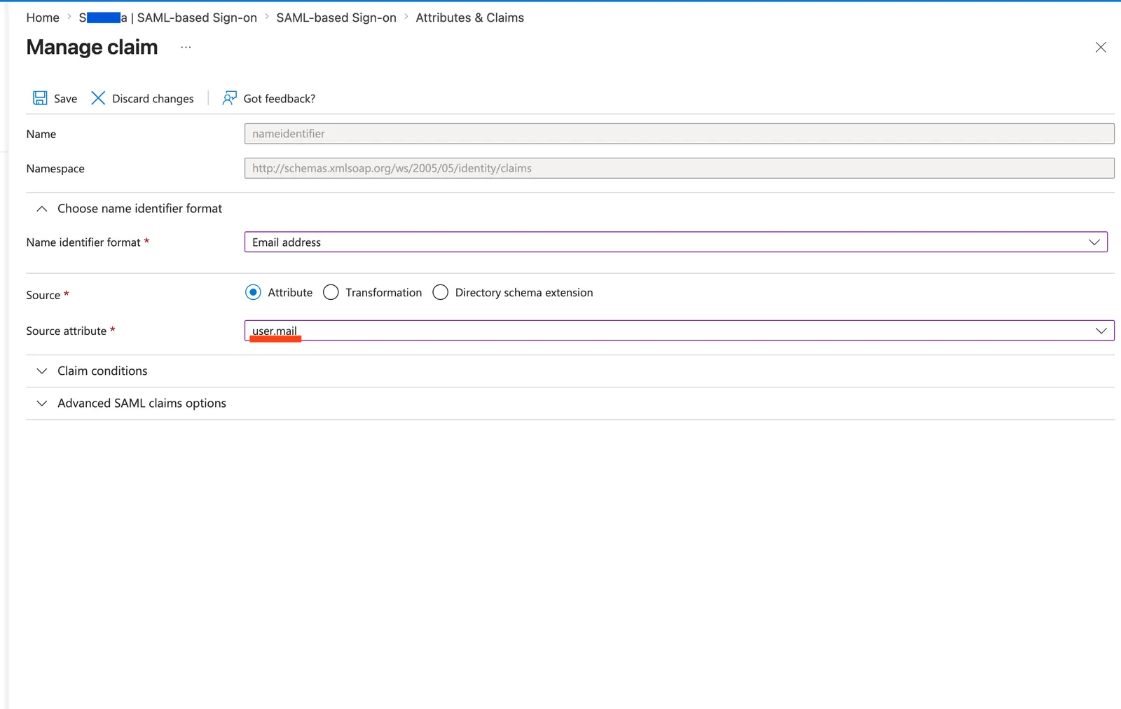 Gestione claim Microsoft Entra con formato Indirizzo email e attributo di origine user.mail