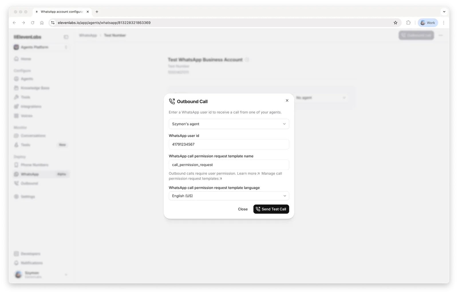 Finestra di dialogo per chiamata WhatsApp in uscita