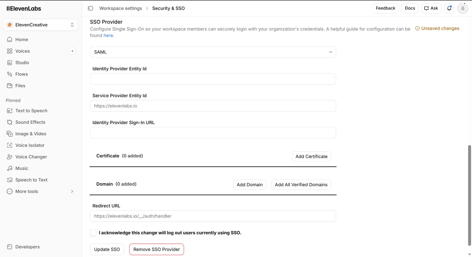Impostazioni del provider SAML di ElevenLabs
