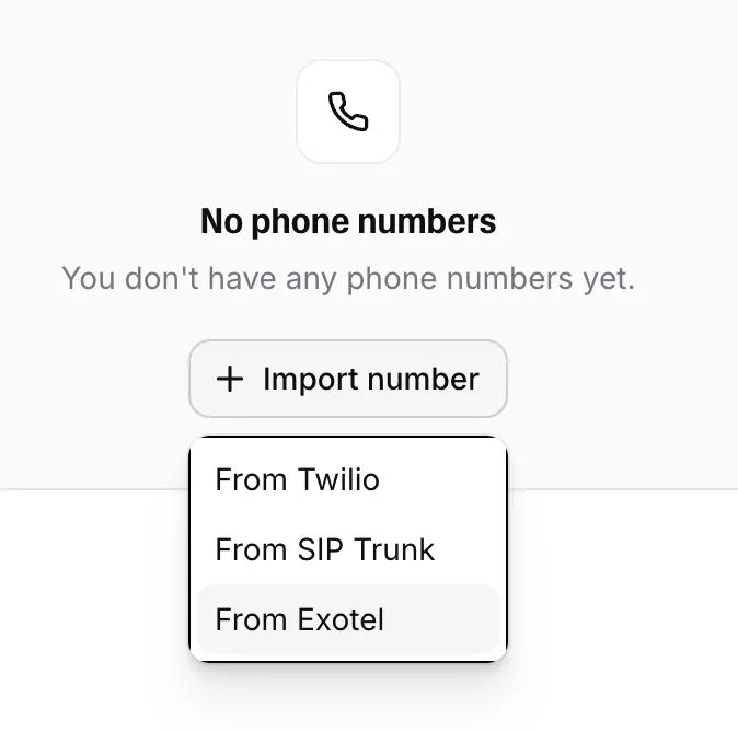 ElevenAgents: menu a discesa Import number con From Exotel
selezionato