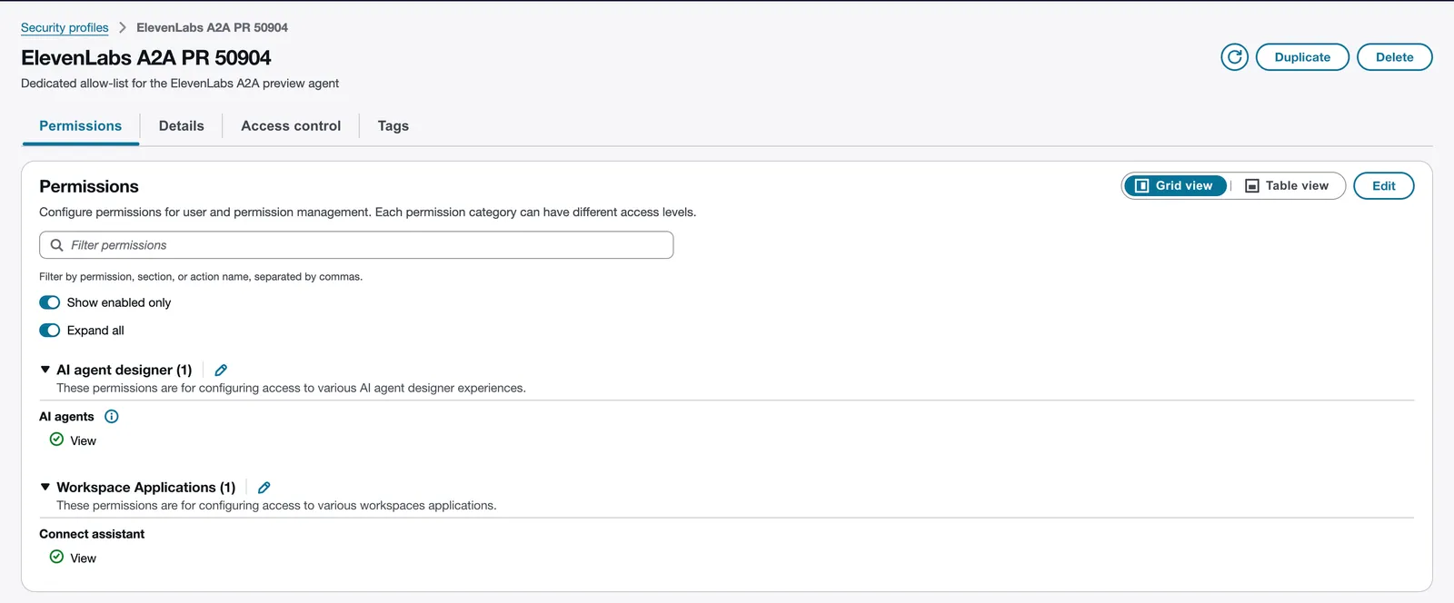 Profilo di sicurezza dedicato nel sito di amministrazione Amazon Connect con autorizzazioni per visualizzare
gli agenti IA