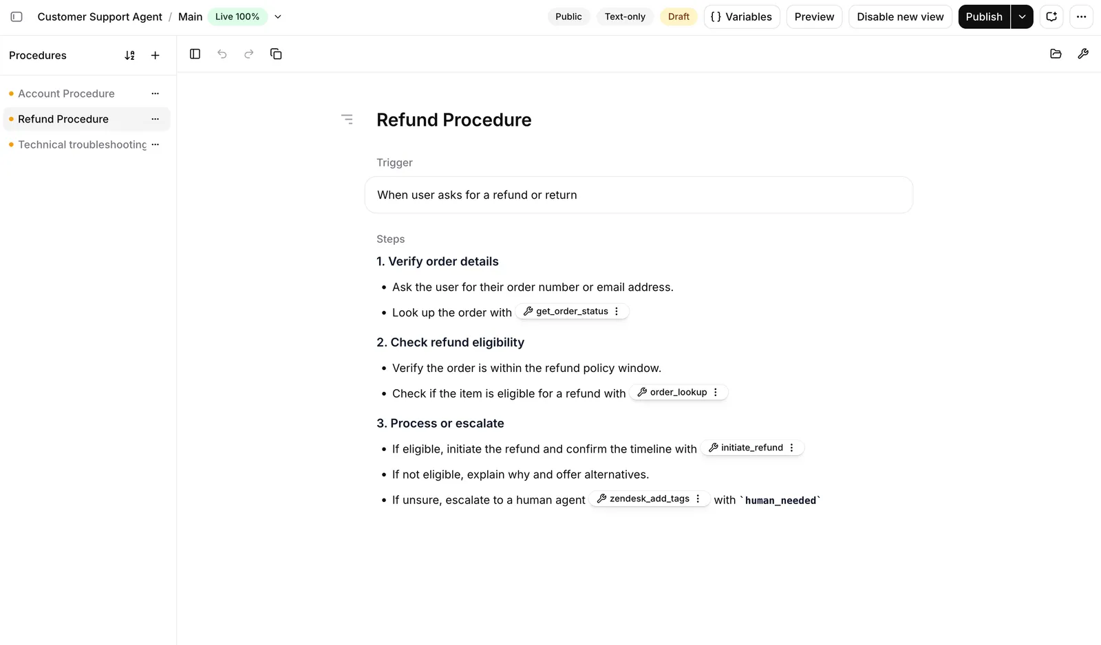 Scheda Procedure nella dashboard
dell'agente