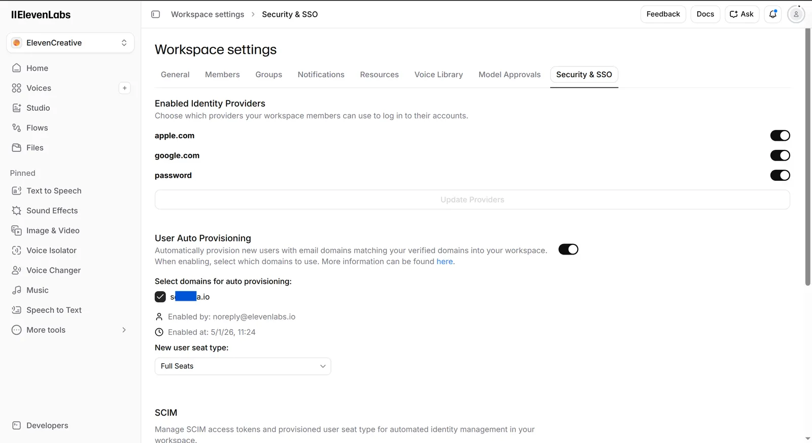 Scheda Sicurezza e SSO nelle impostazioni del workspace di ElevenLabs