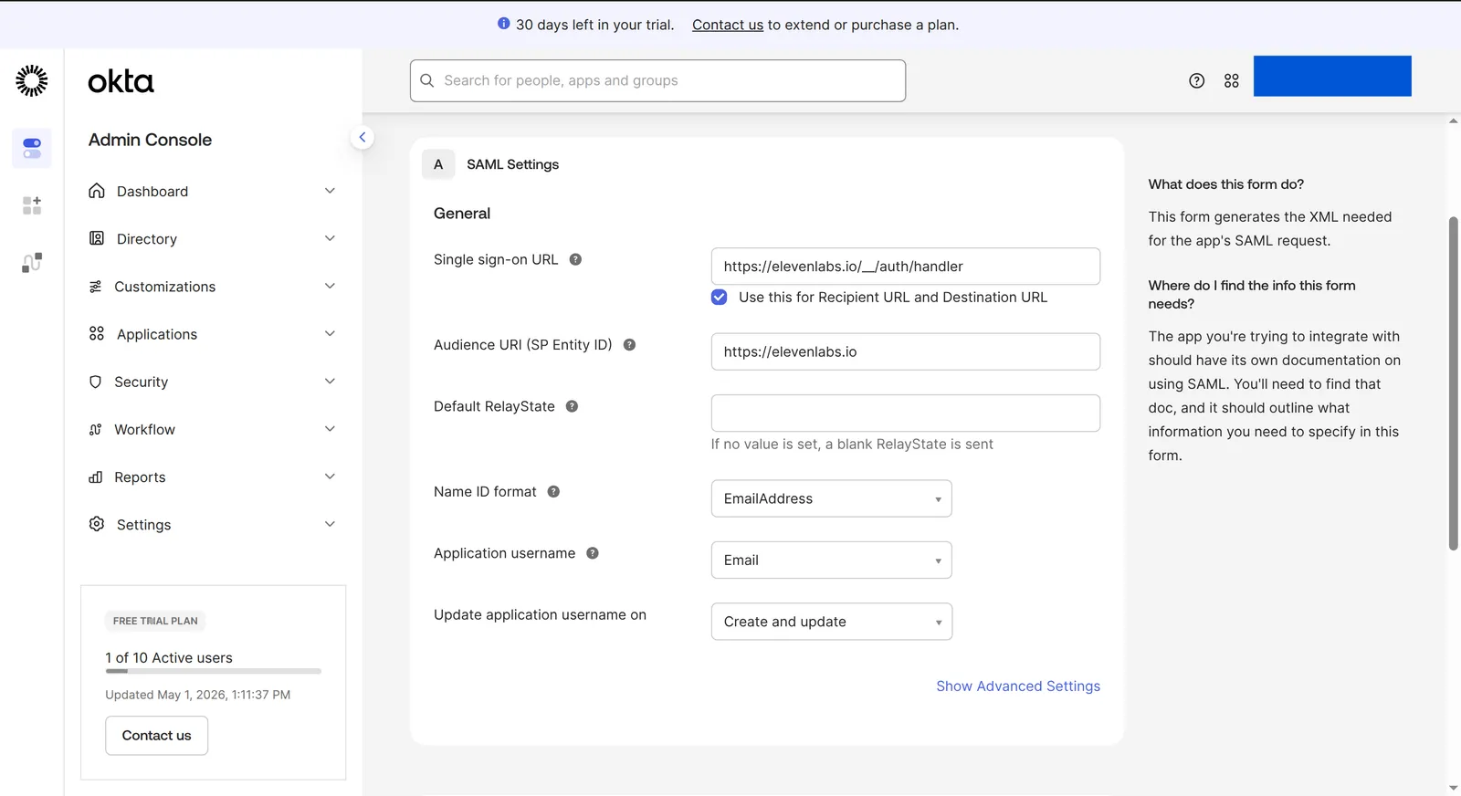 Impostazioni SAML di Okta per ElevenLabs