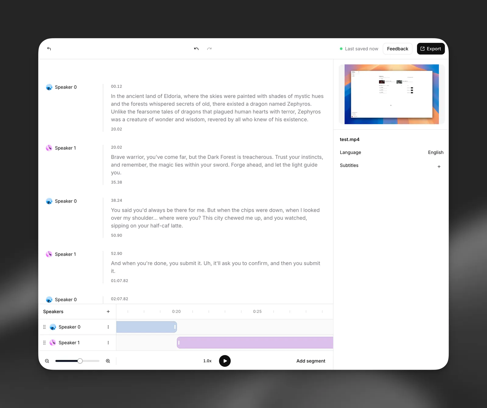 Funzionalità del prodotto Editor di trascrizioni