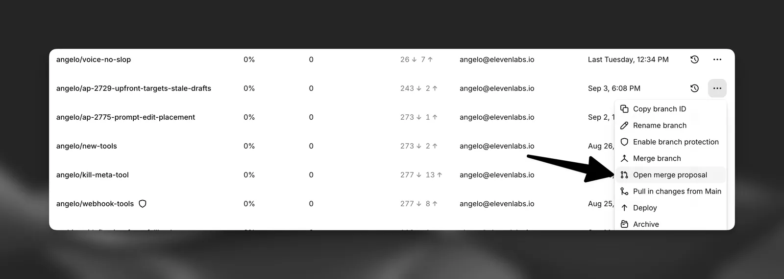 Opzione Apri proposta di merge nel menu delle opzioni di un branch