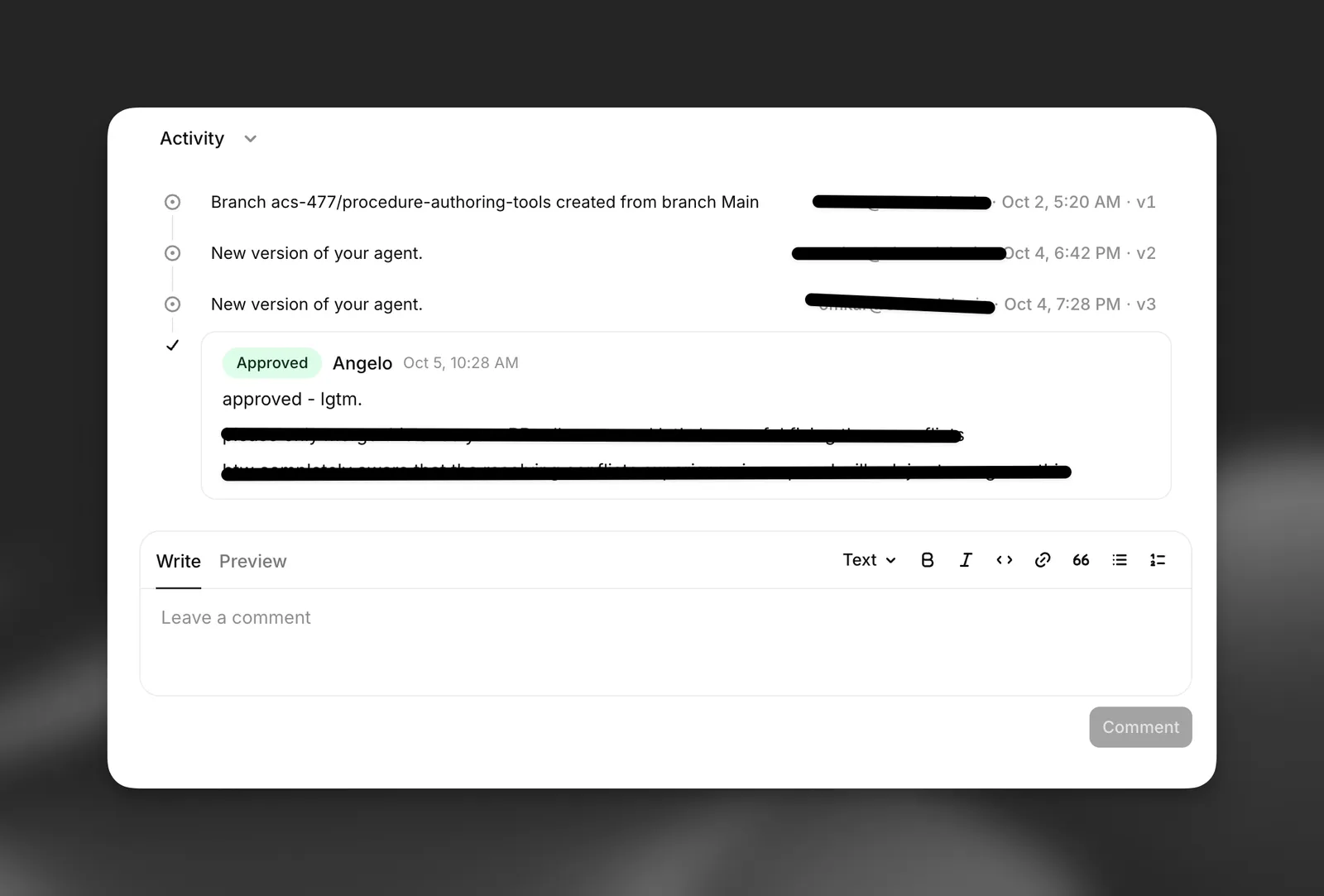 Timeline delle attività di una proposta di merge
