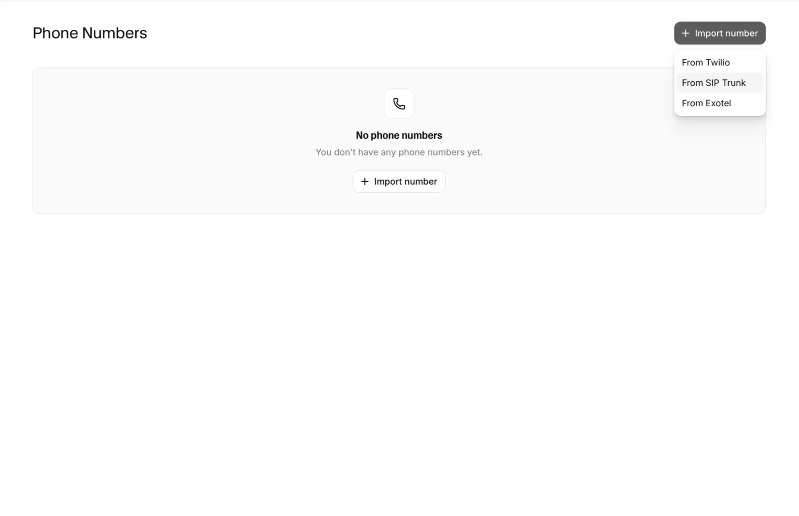 Menu Importa numero con l'opzione Da trunk SIP